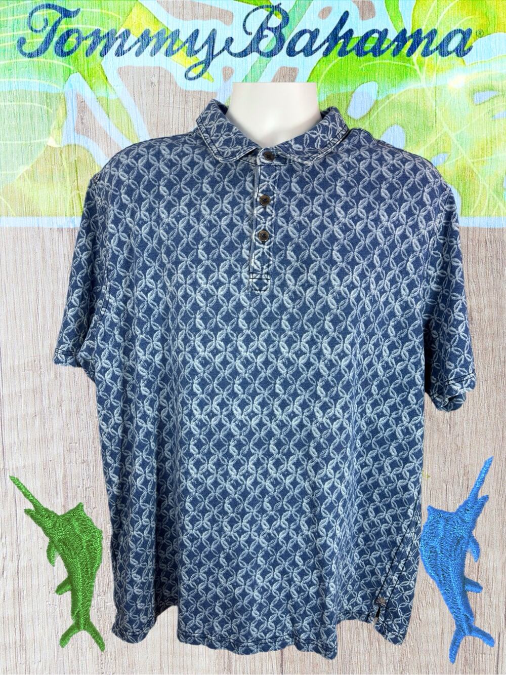 Tommy Bahama Indigo Tiles Polo Blue Mens Size 2XL Graphic Print Golf Shirt